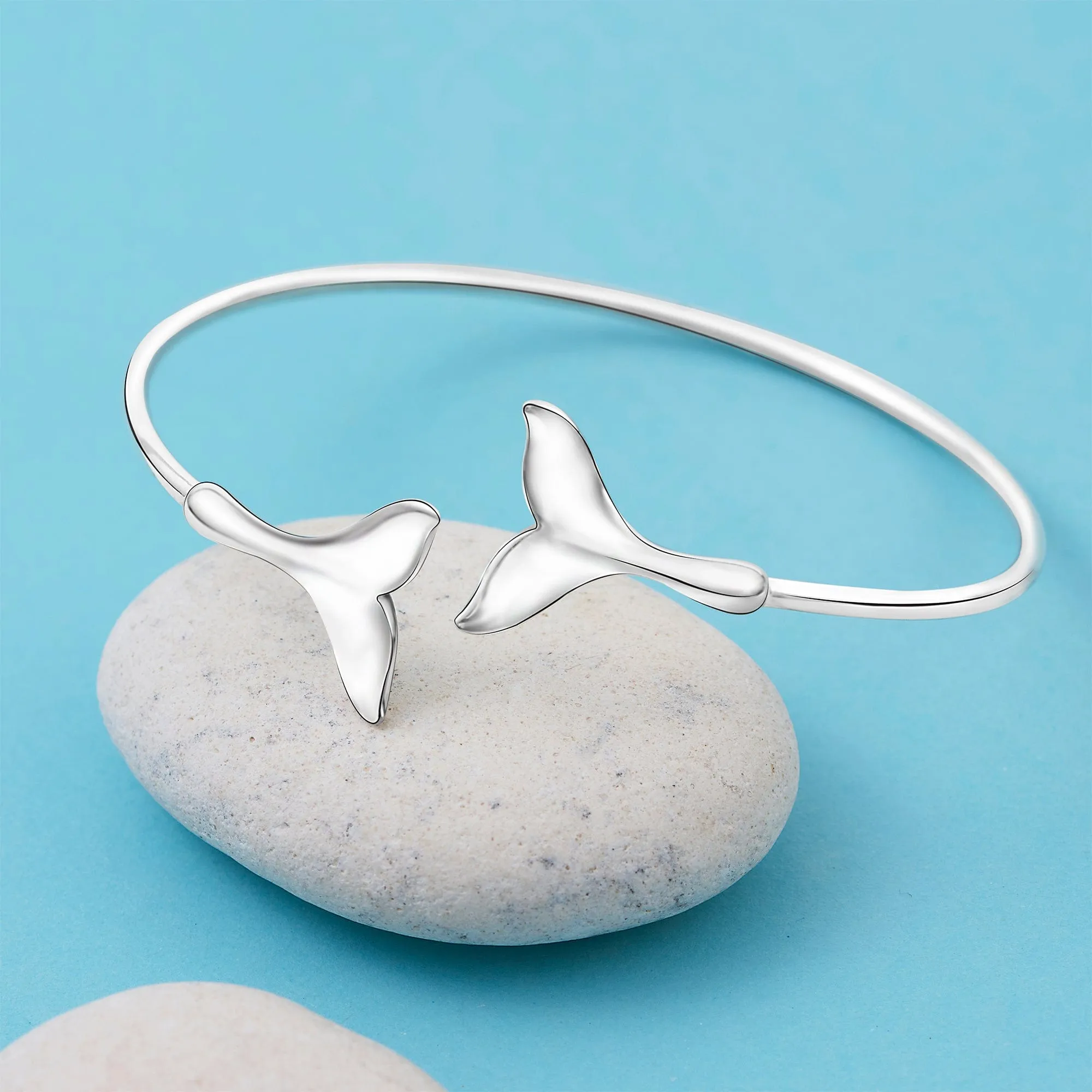 Whale Tail Silver Bangle Bracelet Adjustable